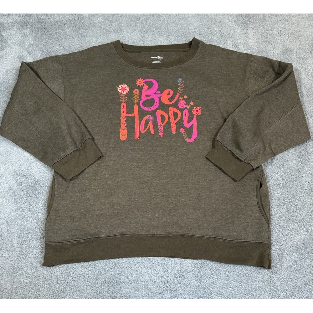 Natural Life Sweatshirt Womens Large Brown Be Happy Pockets Boho Granola
